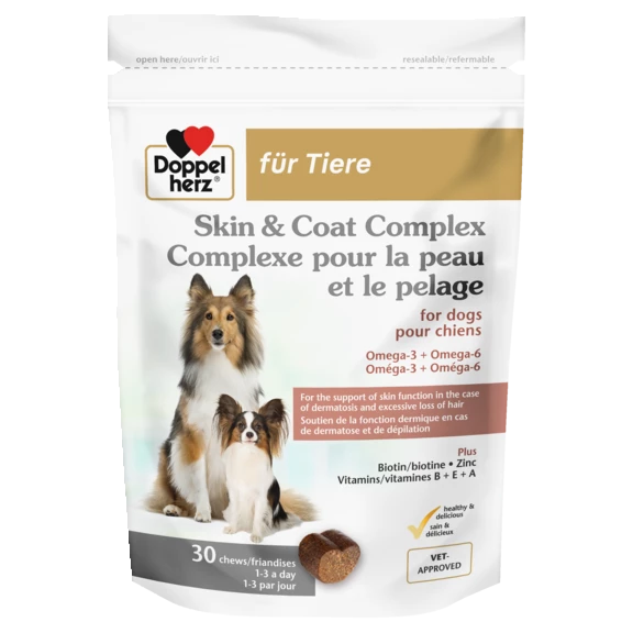 Illustration of the product packaging Doppelherz for animals Skin & Coat Complex for dogs front view